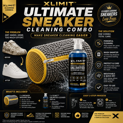 XLIMIT Ultimate Sneaker Cleaning Combo with 200 ml multipurpose cleaner and chenille sneaker washing bag for easier sneaker care